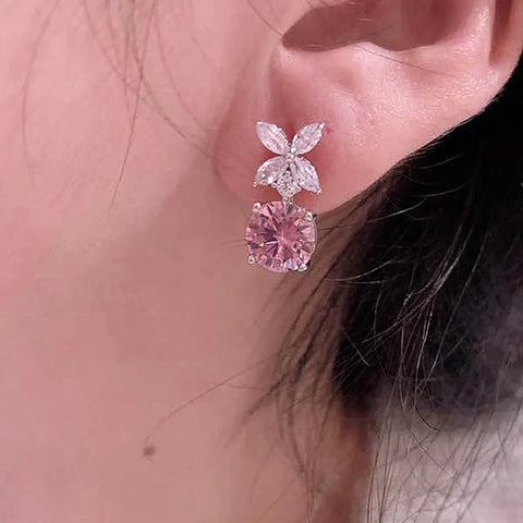 Huitan Exquisite Flower Dangle Earrings Pink Cubic Zirconia