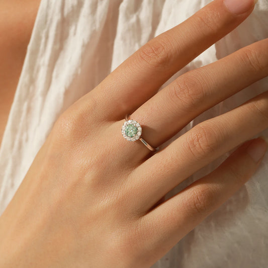 MODIAN D Color Green Teal Moissanite Halo Ring