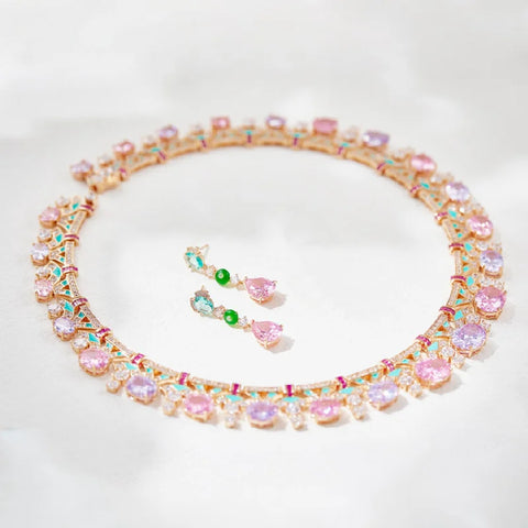 Designer Collection Style Ring Earrings Necklace Women Lady Inlay Pink Round Cubic Zircon Enamel Dinner Party Jewelry Sets