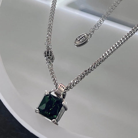Foydjew Retro Thai Silver Crown Green Zircon Necklaces For Women 2022 Trend Brand Pendant Luxury Temperament Fashion Jewelry