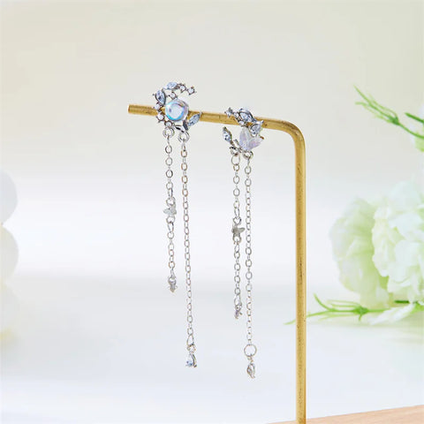 New Asymmetric Moon Butterfly Long Tassel Earrings