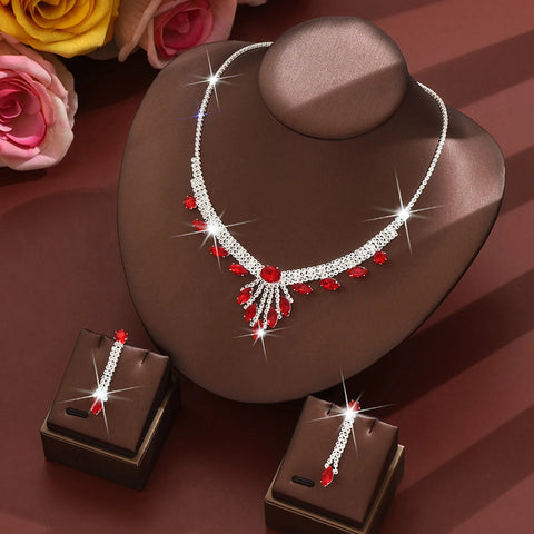 3pcs Elegant and Dignified Colored Water Droplet Gemstone Inlaid Women's Tassel Necklace Earring Set Retro Wedding Dress Jewelry