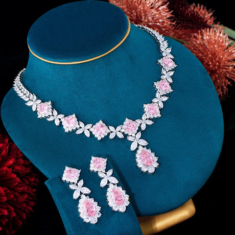 Pera Sweet Pink Cubic Zirconia Long Water Drop Pendant Necklace Earrings Jewelry Sets for Women Wedding Party Accessories J108