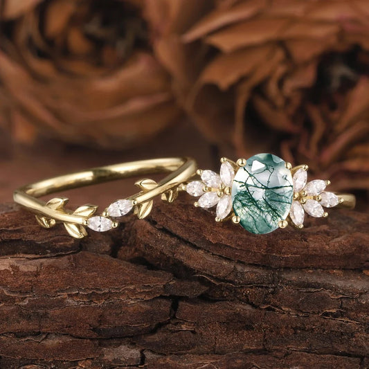 Oval Shaped Natural Moss Agate Engagement Ring