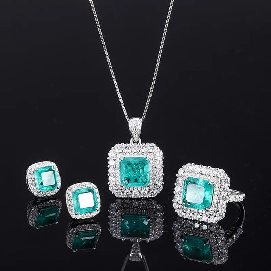 Sparkling Cubic Zirconia Paraiba Tourmaline 925 Sterling Silver Jewelry Set Pendant Necklace Ring Earrings For Women Gift Girl