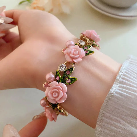 Flower Inlaid Crystal Pearl Necklace Earrings