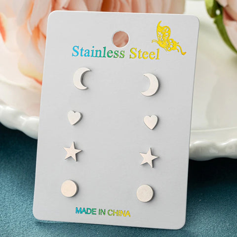 4Pairs/Lot Fashion Stainless Steel Star Moon Stud Earrings Sets