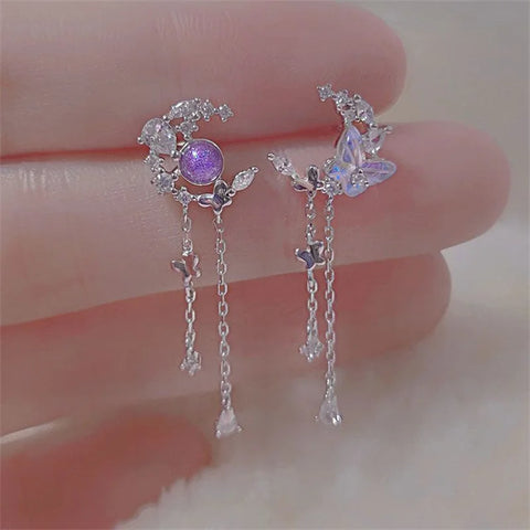 Fashion Korea Laser Stone Long Tassel Star Butterfly Earrings