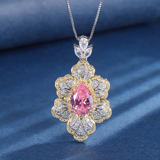 Luxury 10*14mm Pink Quartz Gemstone Wedding Party Fine Jewelry Sets for Women Lab Diamond Pendant Necklace Ring Anniversary Gift
