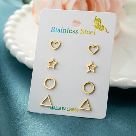 4Pairs/Lot Fashion Stainless Steel Star Moon Stud Earrings Sets