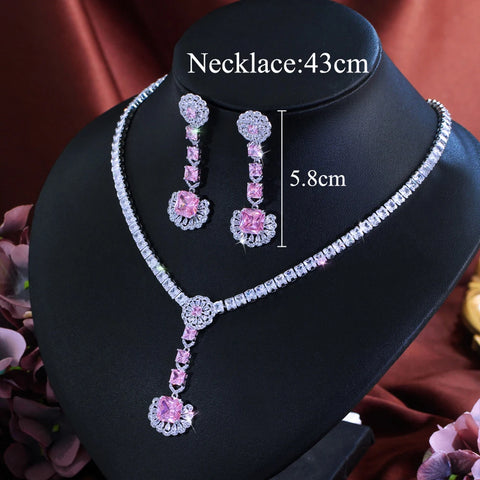 CWWZircons Charming Pink White Cubic Zircon Flower Long Dangle Earrings Necklace Set for Women Wedding Party Jewelry Gifts T0980