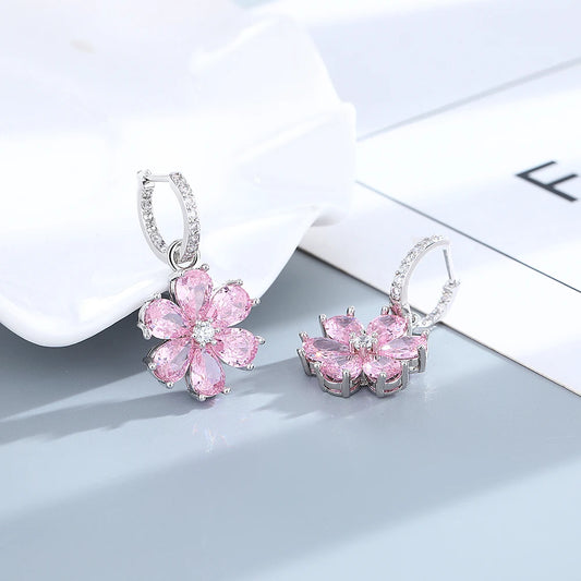 Pink Flower Sparkling Zircon S925 Silver Drop Earrings