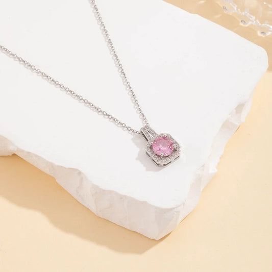 Fashionable Square Pendant Embedded Pink round Zircon Lightweight Versatile Minimalist Design Clavicle Chain Jewelry Accessory