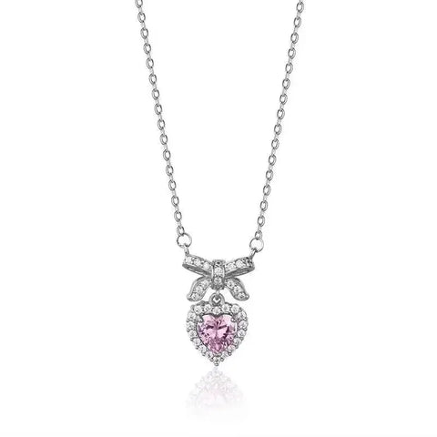 Cute Sweet Pink Bow Necklace Ladies Fashion Sparkling Rhinestone Heart Shape Pendant Clavicle Chain Delicate Wedding Accesories