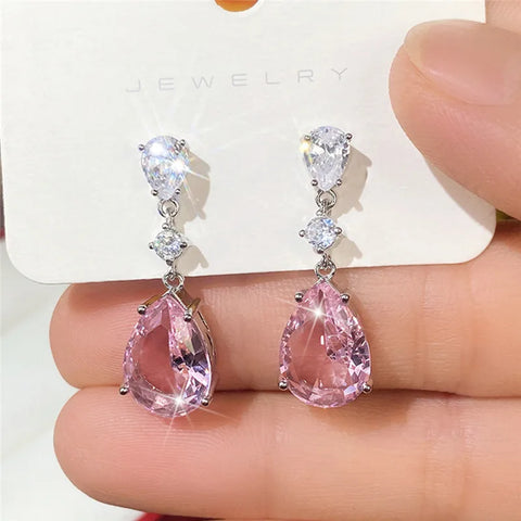 925 Sterling Silver Sweet Pink Pear Cubic Zirconia Drop Earrings
