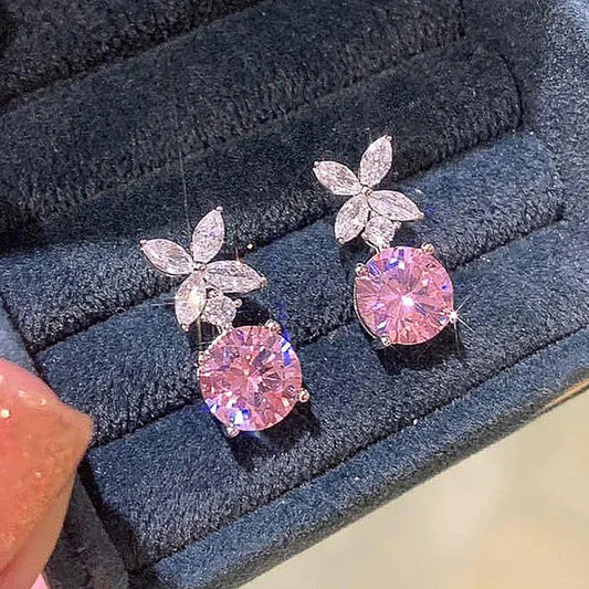 Huitan Exquisite Flower Dangle Earrings Pink Cubic Zirconia