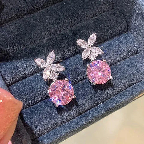 Huitan Exquisite Flower Dangle Earrings Pink Cubic Zirconia