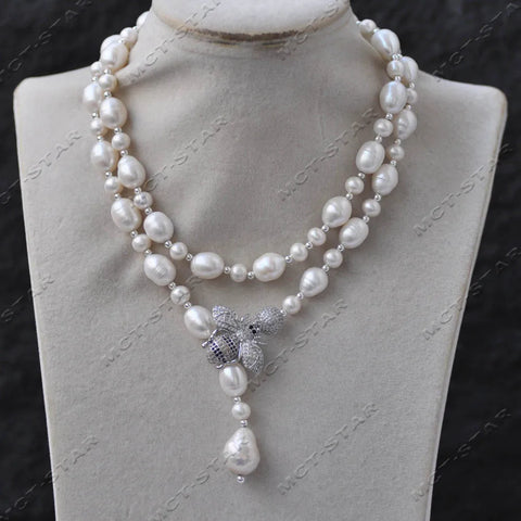 Z13663 30" White Gray Round Rice Freshwater Pearl Necklace Keshi Pearl Pendant CZ Custom Jewelry