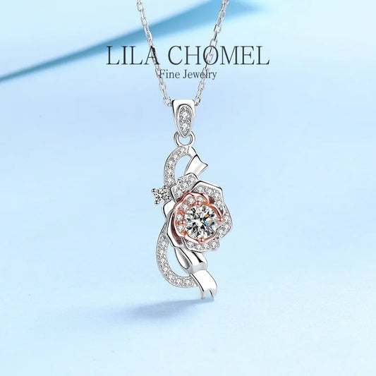Quality Platinum PT950 girls rose flower necklace with 0.5ct Moissanite Pendant for Women D Color Sparkling Diamond fine Jewelry