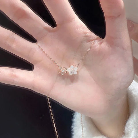 Cute Sweet Zircon Peach Blossom Pendant Clavicle Necklace Women Simple Light Luxury Two Flowers Neck Chain Jewelry