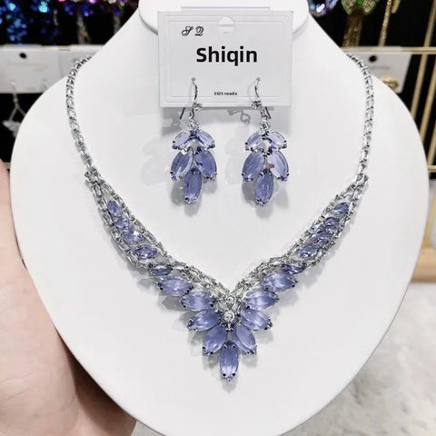 Luxurious Fashionable New Zircon Purple Transparent Color Necklace Earrings Set Versatile High-End Feelings Jewelry Accessories