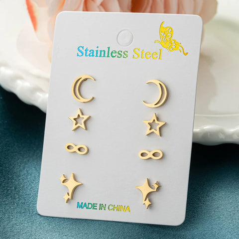 4Pairs/Lot Fashion Stainless Steel Star Moon Stud Earrings Sets