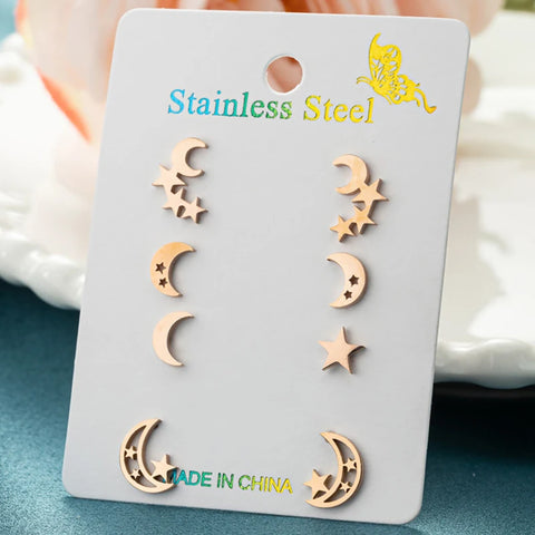 4Pairs/Lot Fashion Stainless Steel Star Moon Stud Earrings Sets