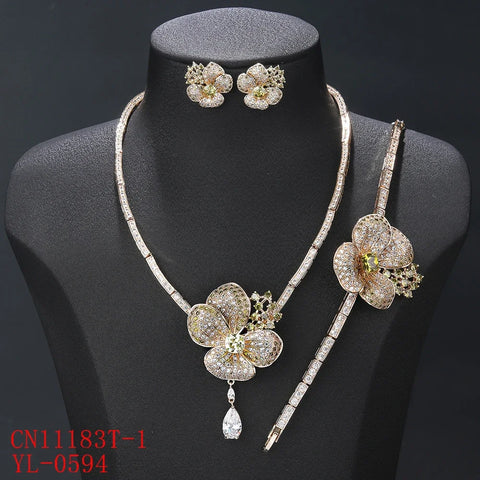 Luxury 3-piece Cubic Zirconia Flower Necklace Earrings Bracelet Set Bridal Wedding Accessories CN11183T