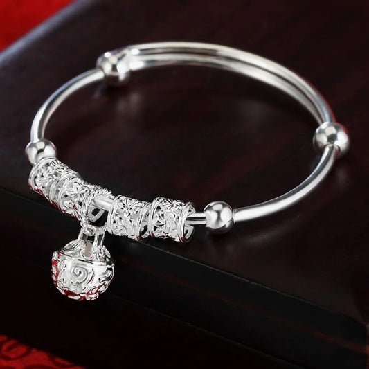 Fine Silver Color Hollow Bells Ball Bangles Bracelets