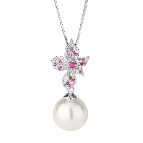 Elegant Flower White Pearl Cubic Zirconia Earrings Sparkling Necklace with Pink Crystal Ideal Wedding Dresses Accessories Gift