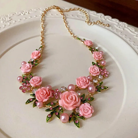 Flower Inlaid Crystal Pearl Necklace Earrings