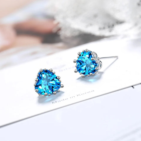925 Sterling Silver Heart Blue Zircon Stud Earring
