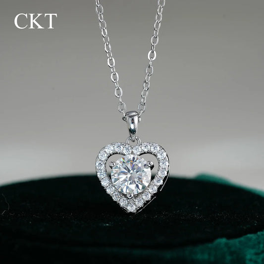 CKT 18k White Gold 1ct Diamond Moissanite Star & Moon Celestial Heart Pendant, Dainty Platinum Pt950 Necklace Fine Jewelry