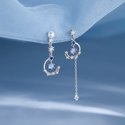 Korean New Light Luxury Zircon Moon Star Asymmetric Stud Earrings