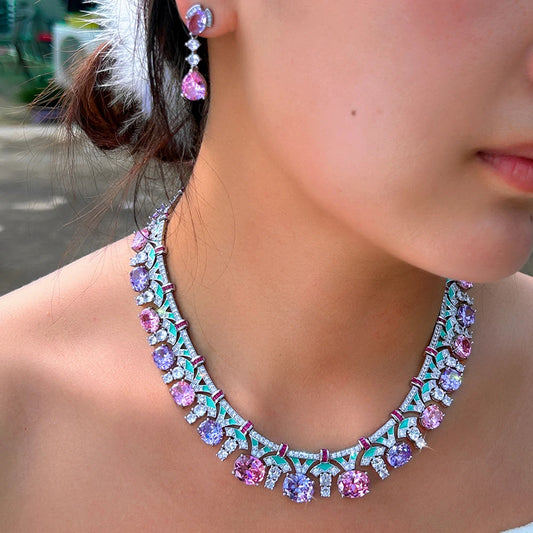 ThreeGraces Delicate Shiny Pink Purple Zirconia Green Enamel Luxury Bridal Wedding Prom Jewelry Set for Women Accessories T1070
