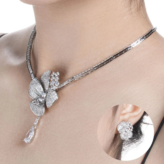 2-piece Jewelry Set for Women's Wedding zircon flower Necklace Earring full -diamond