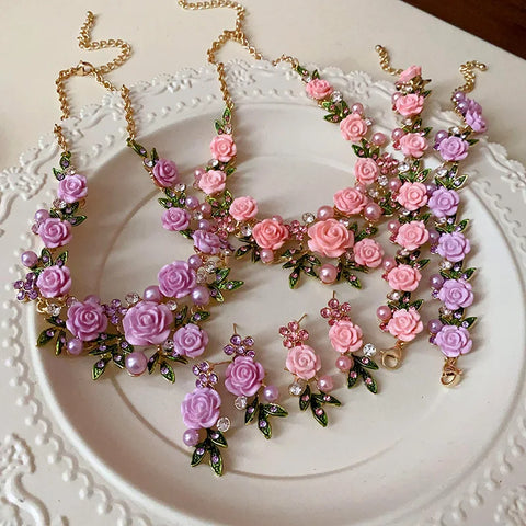 Flower Inlaid Crystal Pearl Necklace Earrings