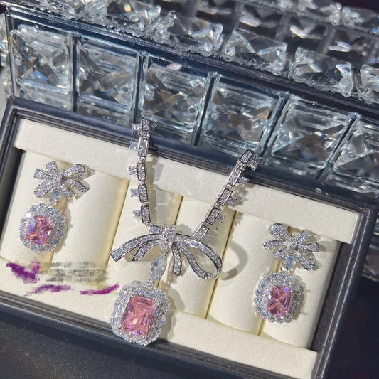 Bowknot Lab Pink Diamond Jewelry set 14K White Gold Engagement Wedding Earrings Necklace For Women Bridal Promise Gift