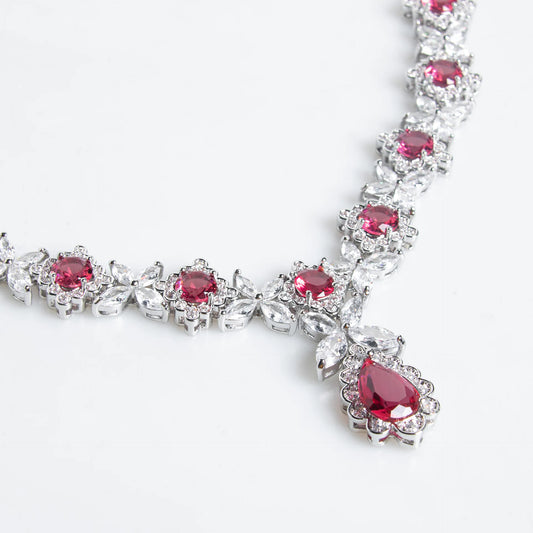 Women Simple Fashion Colored Gemstone Bridal Zircon Necklace Full Diamond Earrings Set
