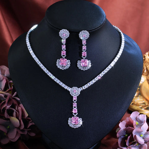 CWWZircons Charming Pink White Cubic Zircon Flower Long Dangle Earrings Necklace Set for Women Wedding Party Jewelry Gifts T0980