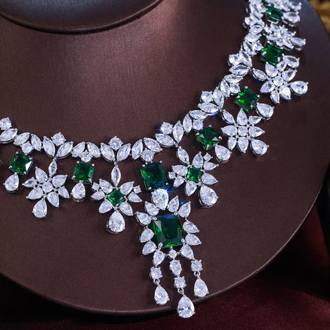 ThreeGraces Luxury Shiny Green Zirconia Long Tassel Drop Earrings Necklace Wedding Bridal Party Jewelry Set for Women T1054