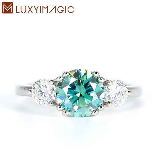 Luxyimagic 2CT Cyan Moissanite and 0.8ct White Moissanite Rings