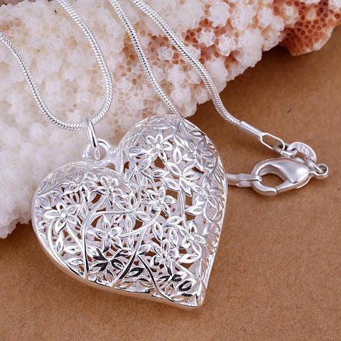 925 Sterling Silver 18-30 Inch Carved Heart Pendant Snake Chain Necklace For Women Fashion Wedding Party Charm Jewelry