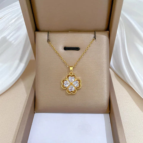 Exquisite Fashion Micropaved Pink Flower Necklace Classic Charm Clover Girls Stainless Steel Collarbone Chain Gift
