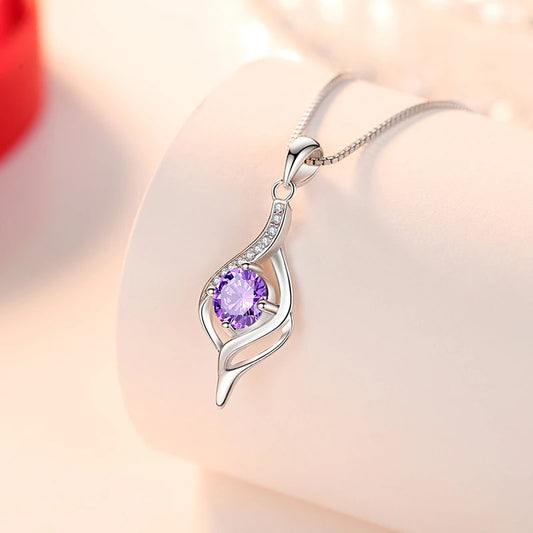 925 Sterling Silver Fashion Petal Water Drop Zircon Pendant Necklaces Women Jewelry Fine Birthday Gift Purple Rhinestone Choker