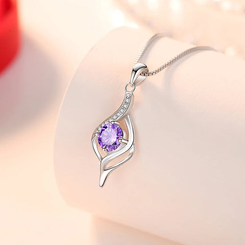 925 Sterling Silver Fashion Petal Water Drop Zircon Pendant Necklaces Women Jewelry Fine Birthday Gift Purple Rhinestone Choker