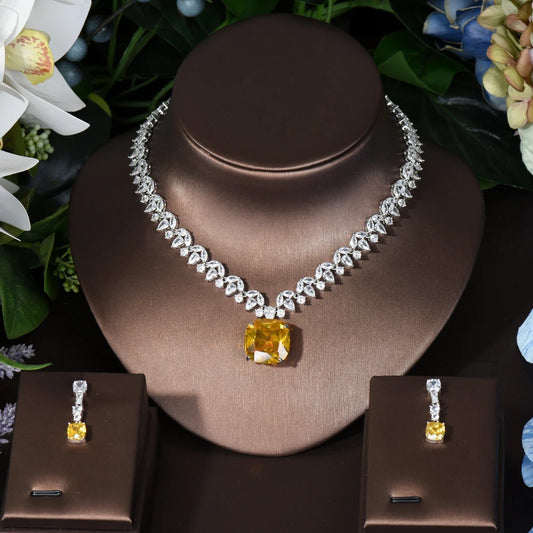 HIBRIDE 2PCS Square Design Women Necklace And Earring Sets Cubic Zirconia Yellow Color Jewelry Sets For Bridal Wedding N-1126
