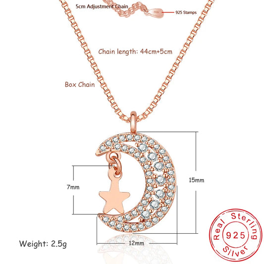 New 925 Sterling Silver Star&Moon Rhinestone Pendant Neckalces Women Fashion Jewelry Constellation Rose Gold Zircon Choker Chain