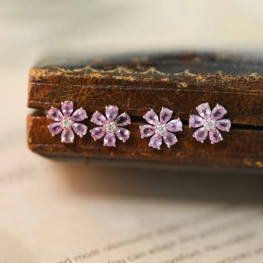 925 Silver Pink Tourmaline Flower Ear Stud Cherry Earrings