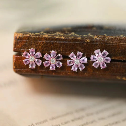 925 Silver Pink Tourmaline Flower Ear Stud Cherry Earrings